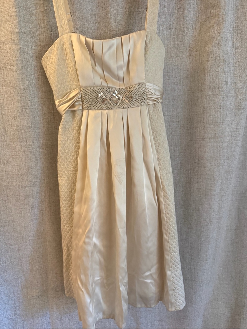 Silk BCBGMaxAzria Ivory Satin Pleated Dress with Beaded Waistband - Picture 2 of 10